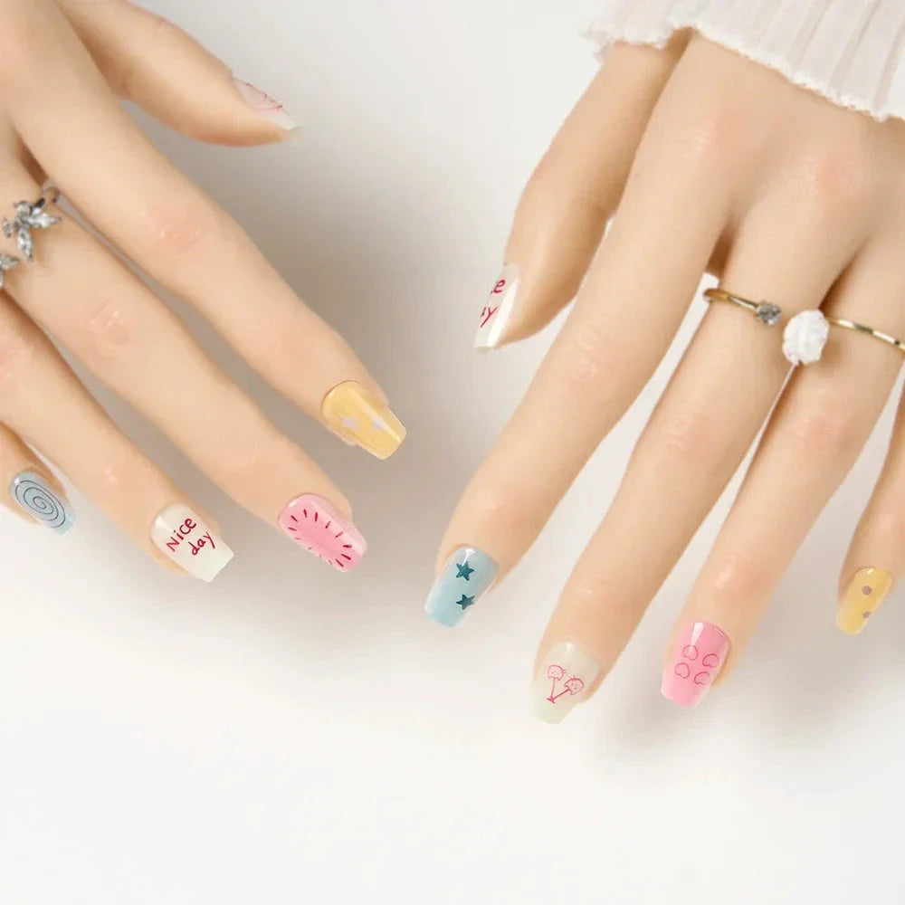 10-Piece Cute Cat & Star French Tip Press-On Nails with Glossy Gradient Finish