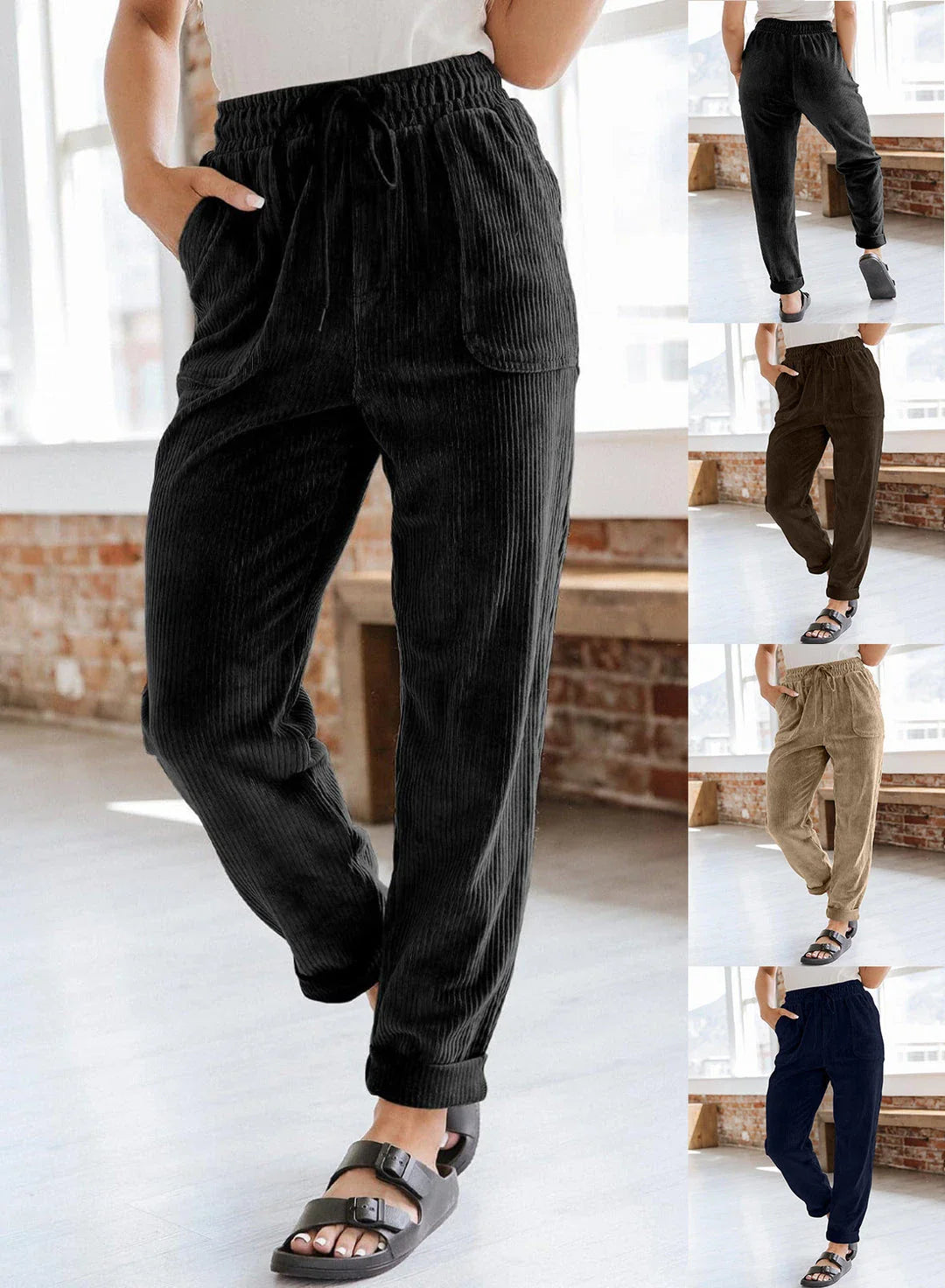 A pair of stylish corduroy pants for women with a wide-leg silhouette, elastic waistband, and side pockets.