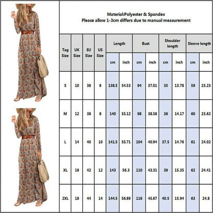 A long sleeve v-neck bohemian-style floral dress with a flowing, long skirt in a dark blue color.