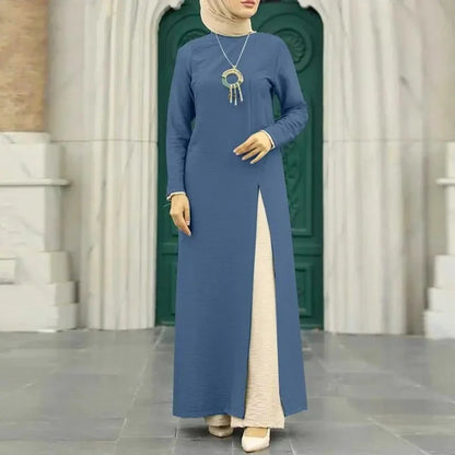 Elegant polyester dress with long sleeves, high slit hem, and available in caramel, black, blue, green, and pink colors