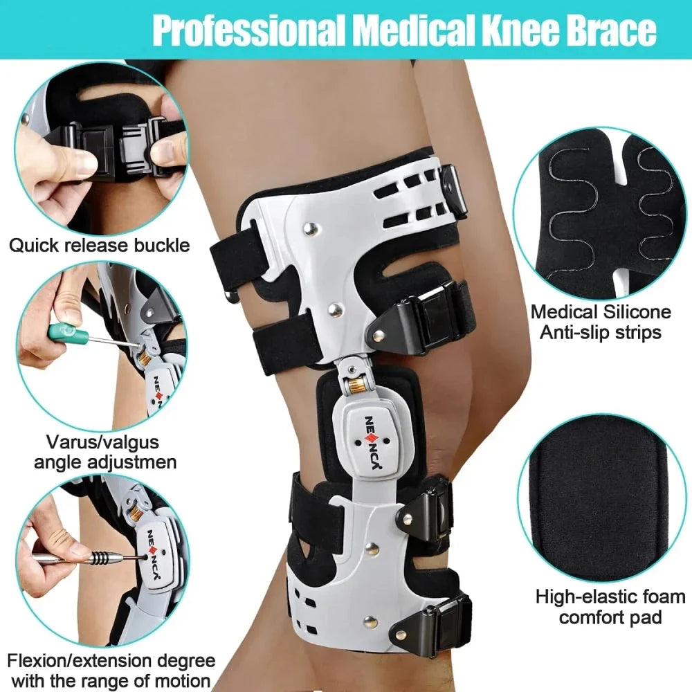 Adjustable knee brace with hinged stabilizer for enhanced recovery, featuring durable aluminum, breathable fabric, and customizable range of motion.