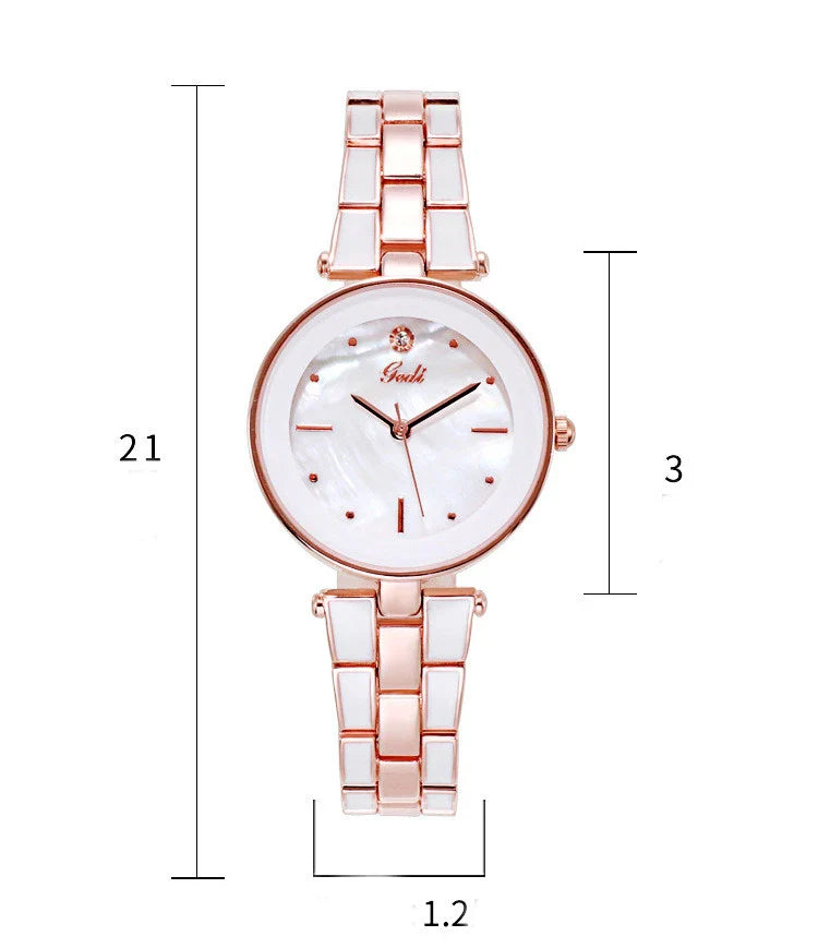 Trendy Korean-style white quartz ladies watch with rose gold accents and stainless steel strap