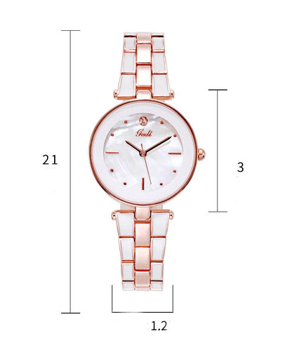 Trendy Korean-style white quartz ladies watch with rose gold accents and stainless steel strap