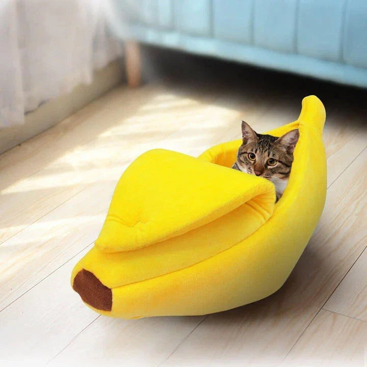 Comfy banana-shaped cat bed in various sizes, providing a cozy and supportive resting spot for feline companions
