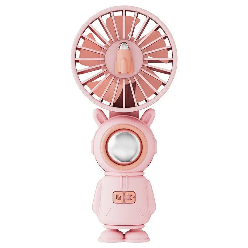 A compact, portable USB-rechargeable hand fan with three speed settings for efficient and quiet cooling.