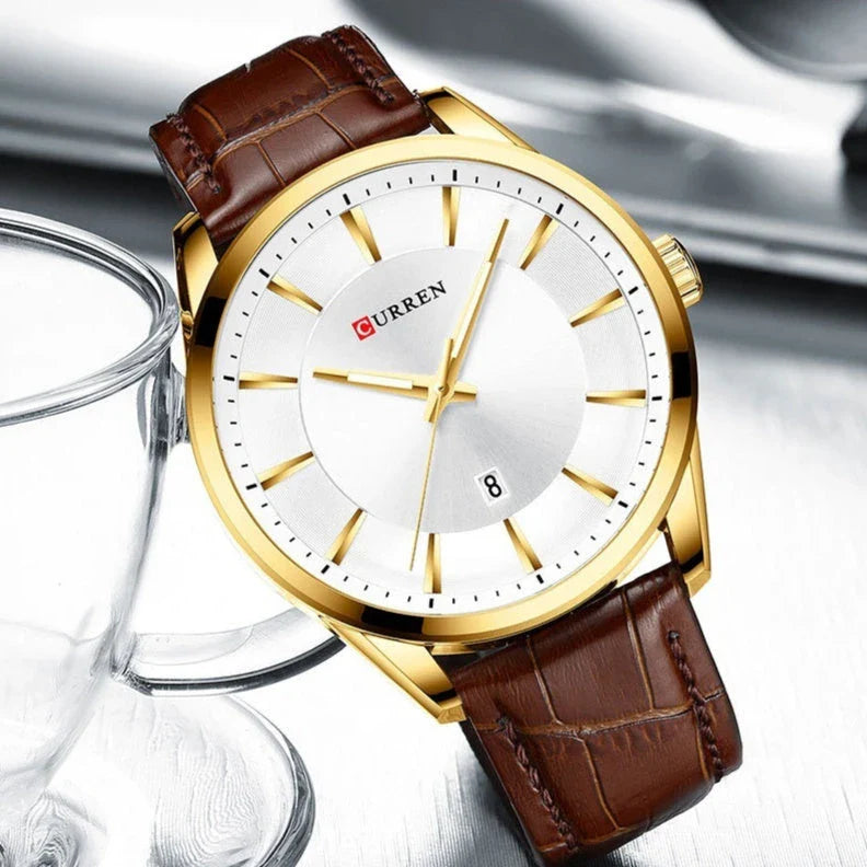Stylish waterproof men's round belt watch in various color options, including black and white, coffee and white, blue and white, coffee and gold, and gold and black.