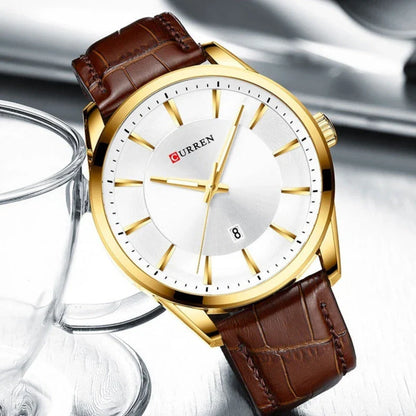 Stylish waterproof men's round belt watch in various color options, including black and white, coffee and white, blue and white, coffee and gold, and gold and black.