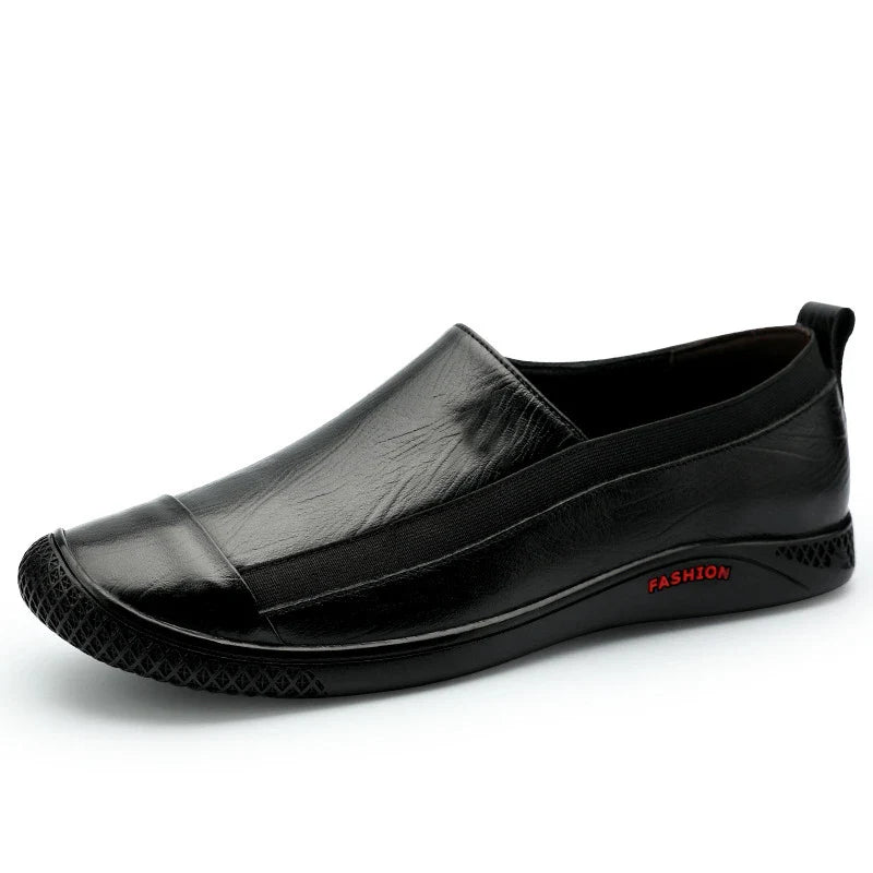 A pair of durable and stylish men's casual leather shoes in black, featuring a pointed toe, low upper, and rubber sole.