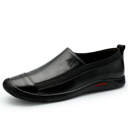 A pair of durable and stylish men's casual leather shoes in black, featuring a pointed toe, low upper, and rubber sole.