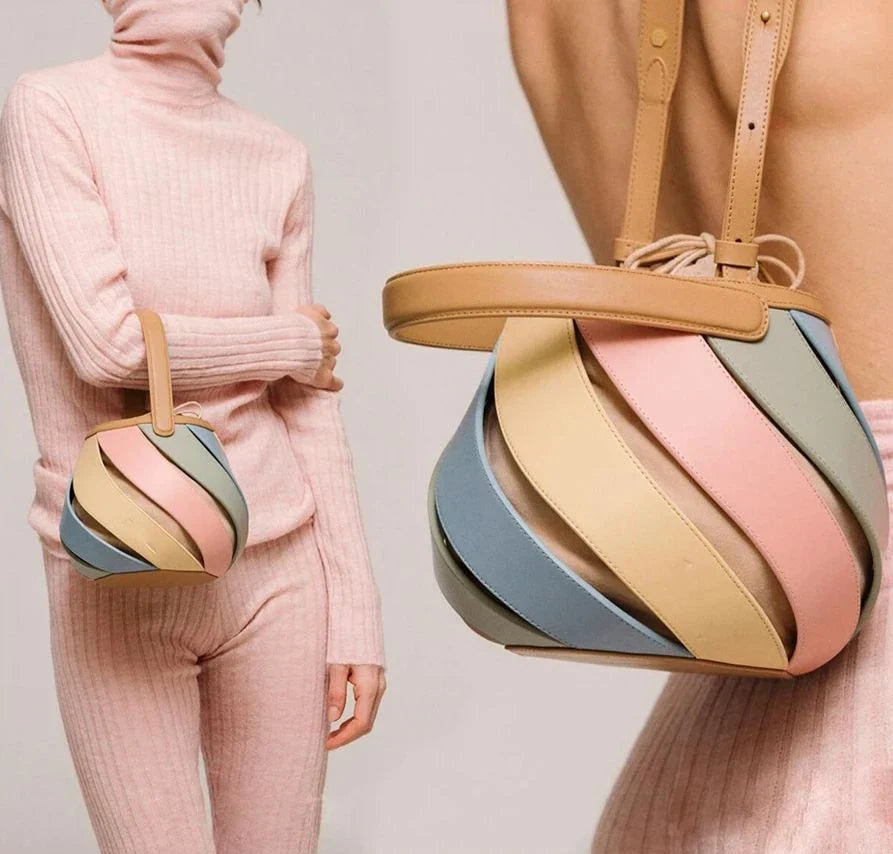 Colorful striped PU leather bucket handbag with adjustable strap and roomy interior
