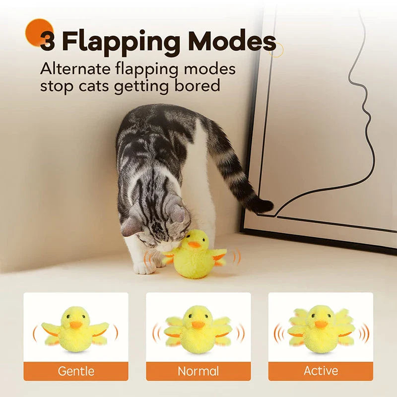 Interactive plush duck toy with flapping wings and quacking sounds, designed to engage and entertain cats