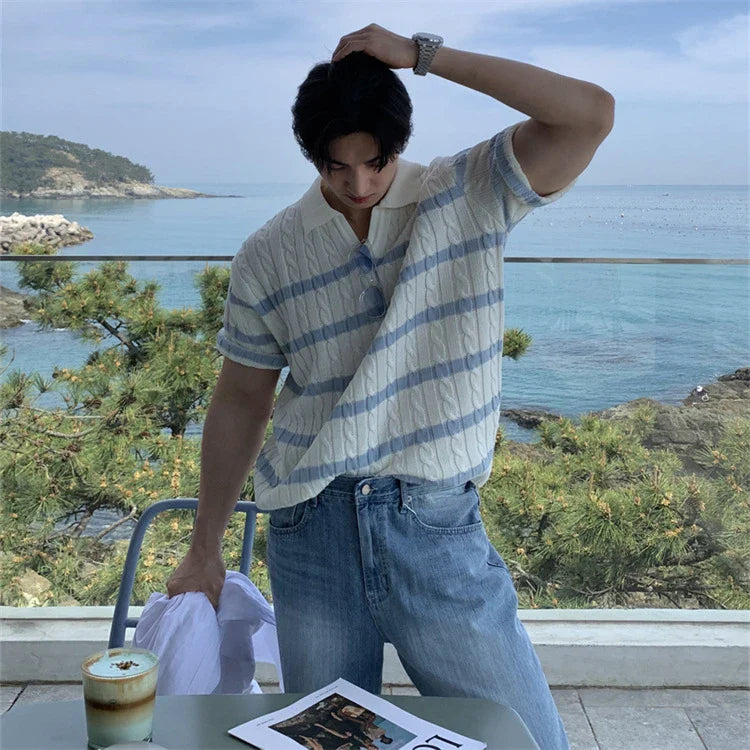 Elegant Y-shaped lapel striped sweater in ivory color with relaxed fit and vertical stripe pattern