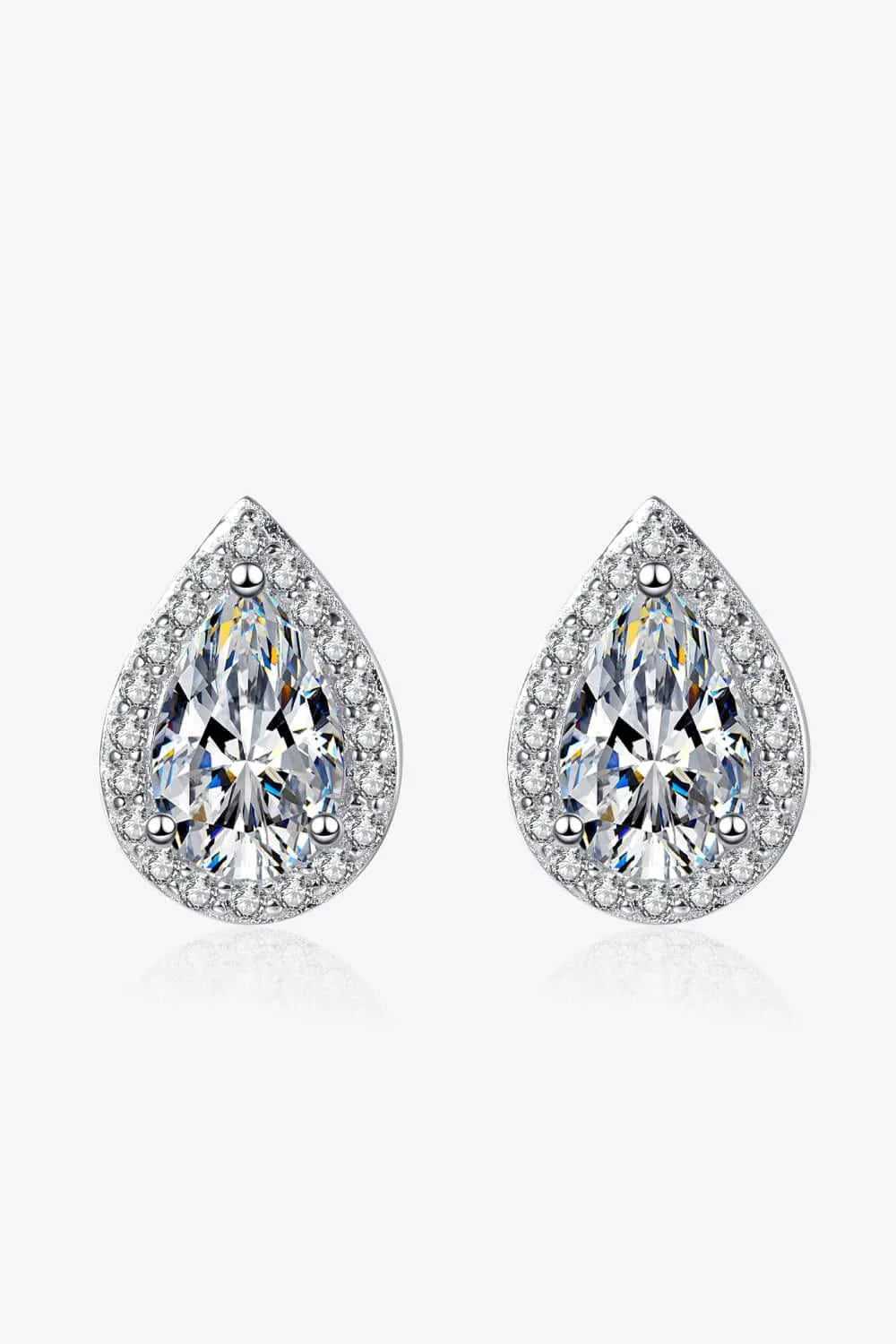 Captivating 925 sterling silver moissanite teardrop stud earrings with a polished rhodium-plated finish and zircon accent stones