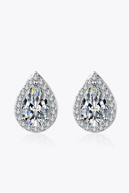 Captivating 925 sterling silver moissanite teardrop stud earrings with a polished rhodium-plated finish and zircon accent stones