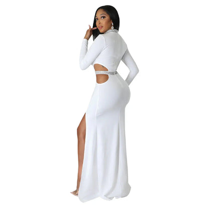 Stylish and flattering waist-accentuating split dress in solid colors, made from premium polyester fabric for comfort and versatility.