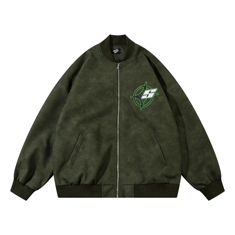 Fashionable Loose PU Leather Jacket with Star Embroidery Design in Black and Gray Green Colors