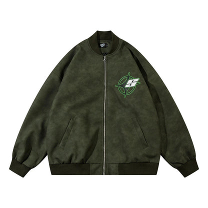 Fashionable Loose PU Leather Jacket with Star Embroidery Design in Black and Gray Green Colors