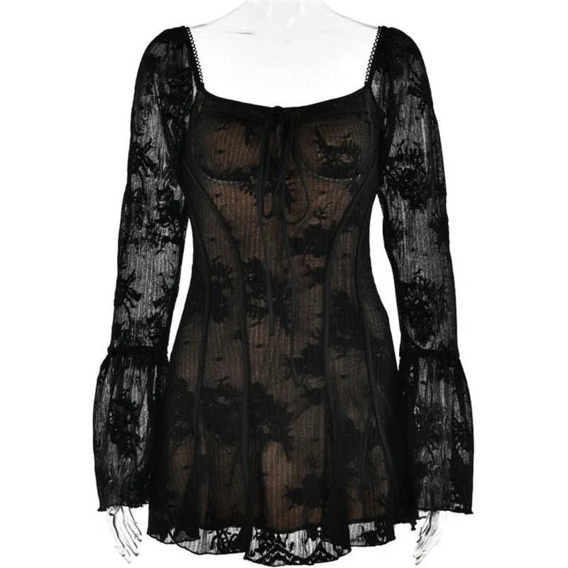 Elegant square collar backless flare sleeve mini dress in black color