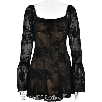 Elegant square collar backless flare sleeve mini dress in black color