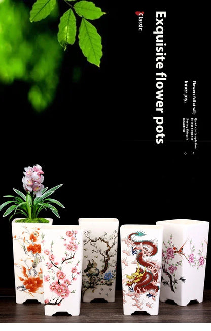 Elegant square ceramic planter in white with a Chinese-inspired design, suitable for indoor plants like asparagus fern and orchid.