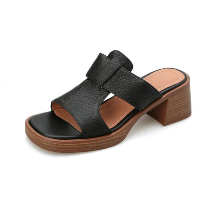 Women's Leather Peep Toe High Heel Sandals in Black, featuring genuine leather upper, sheepskin lining, and stylish square heel design
