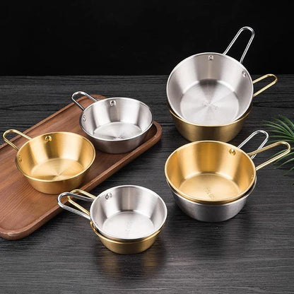 Elegant gold plated stainless steel serving bowls in various sizes, perfect for soups, salads, and more