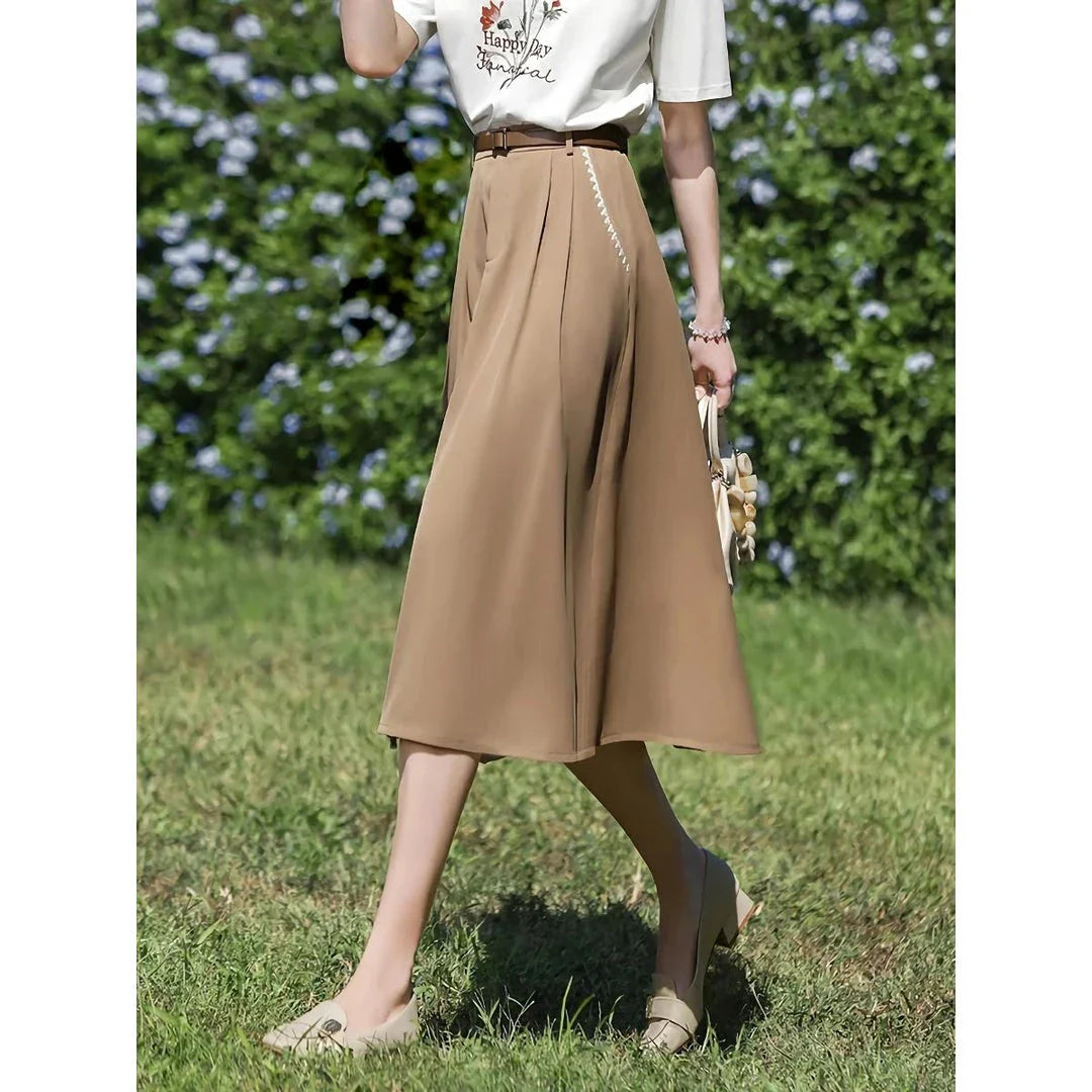 Elegant French-inspired high-waist embroidered A-line skirt in khaki color