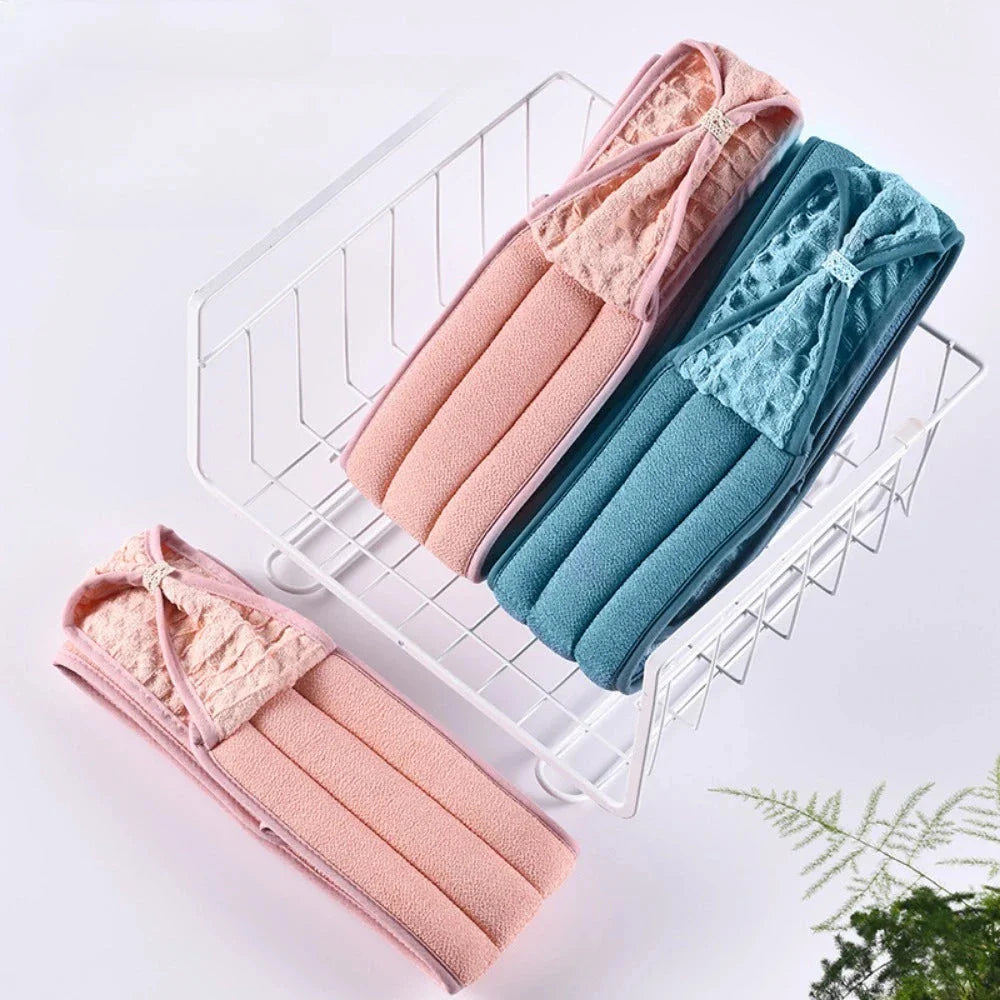 3-piece body scrubber and back massage bath brush set in pink, blue, and coffee colors