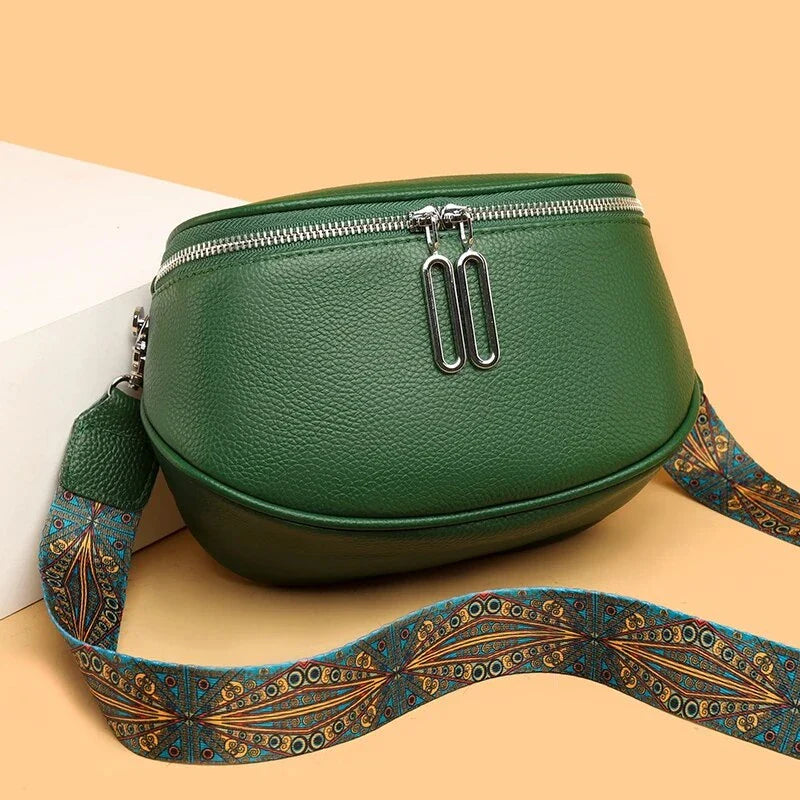 Chic genuine leather shoulder and crossbody bag for women in green color with a sleek, minimalist design