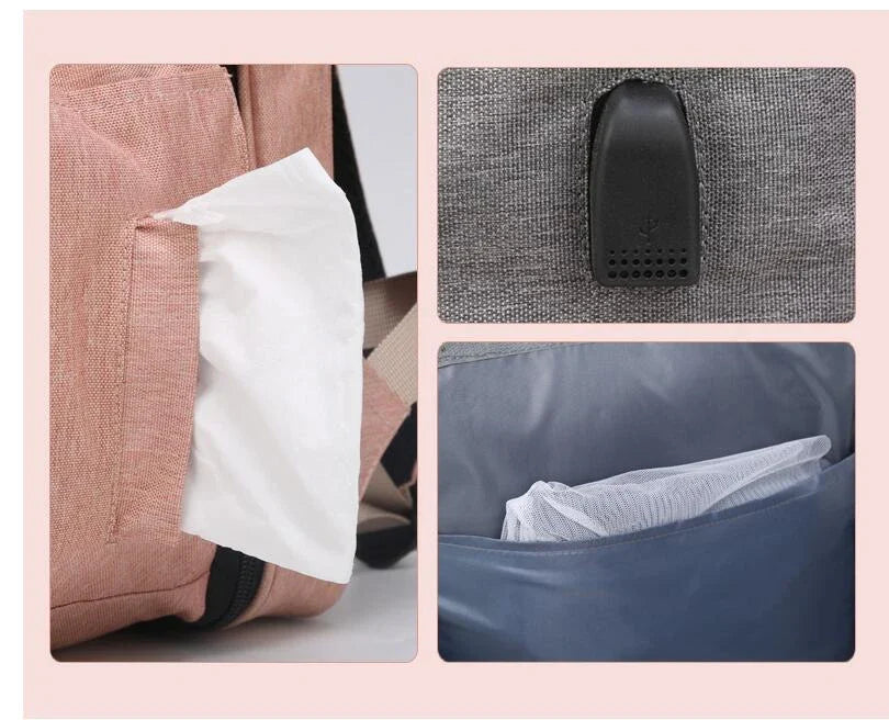 Multifunctional maternity diaper backpack with detachable crib, large capacity, and water-resistant design for travel