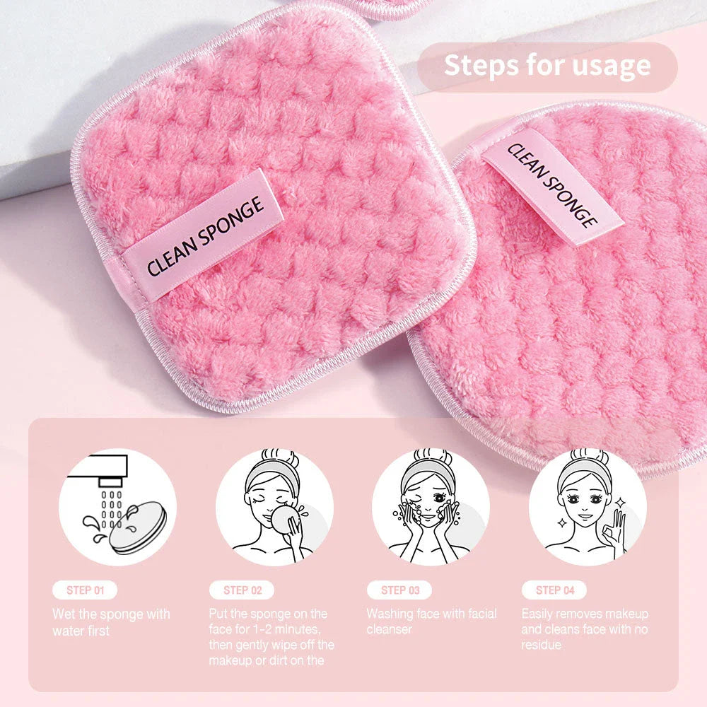 Premium 3-Piece Reusable Makeup Removal Sponge Set in pink color with various shaped microfiber suede pads and storage box