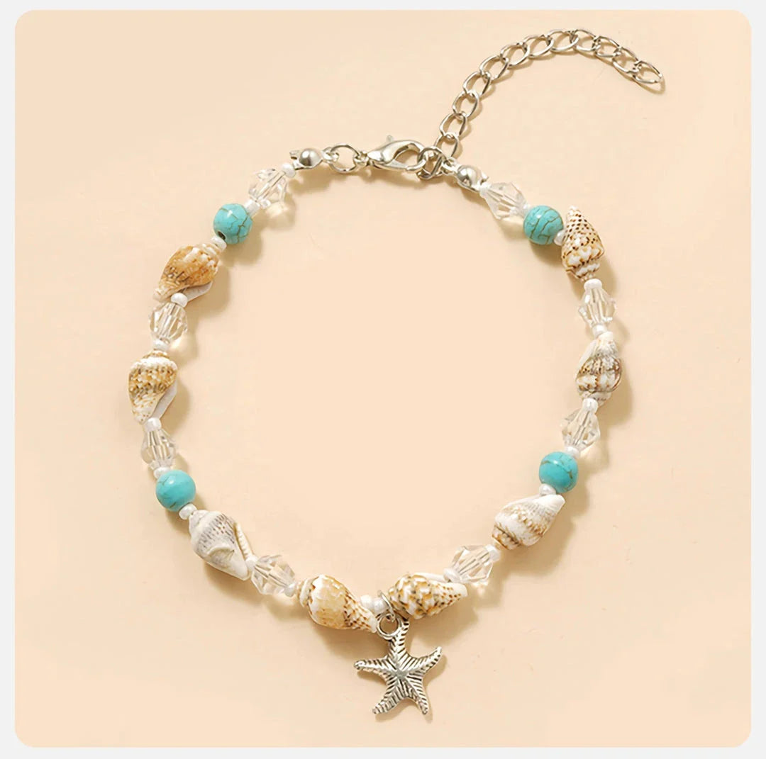 Charming starfish and crystal beaded anklet in white and blue color, a stylish accessory for summer fashion