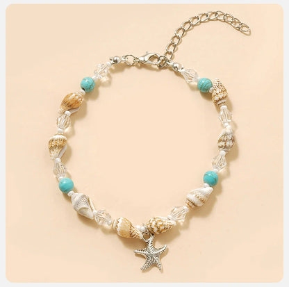 Charming starfish and crystal beaded anklet in white and blue color, a stylish accessory for summer fashion