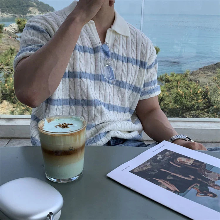 Elegant Y-shaped lapel striped sweater in ivory color with relaxed fit and vertical stripe pattern