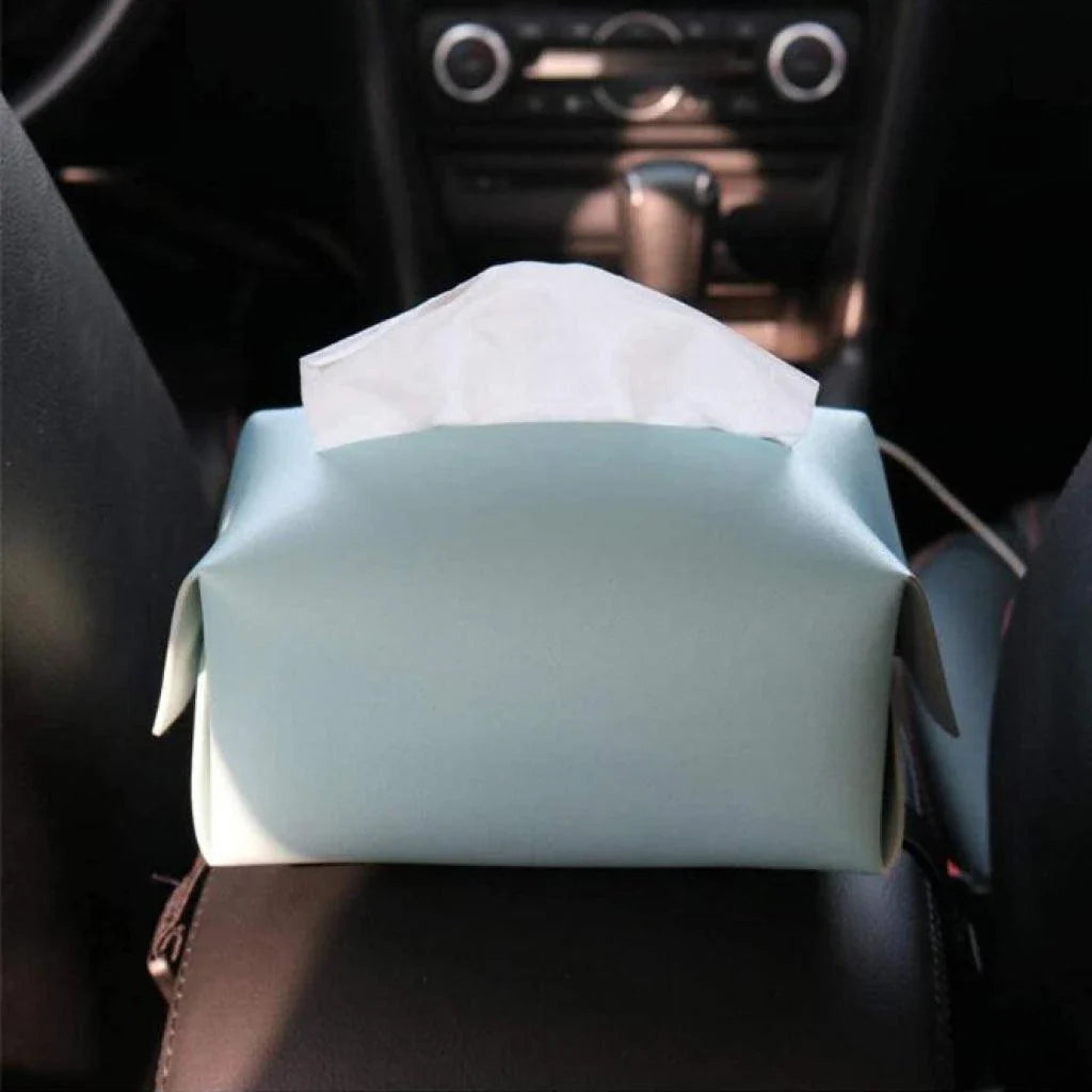 Blue polyurethane leather tissue box cover with snap-and-hold design for secure placement in car
