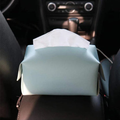 Blue polyurethane leather tissue box cover with snap-and-hold design for secure placement in car