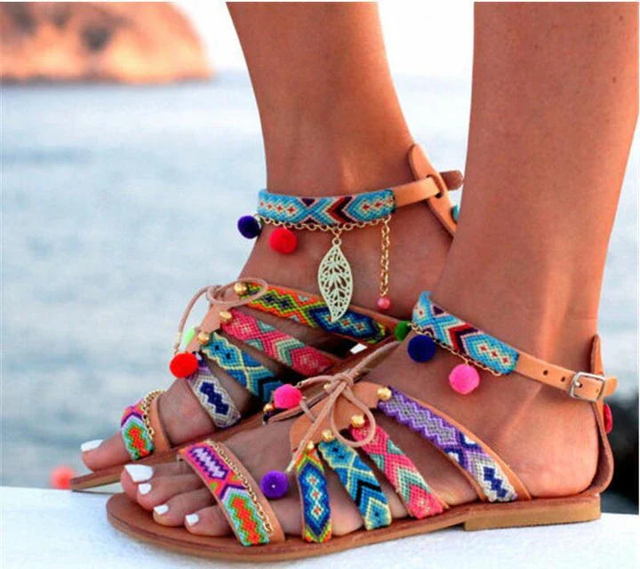 Stylish Bohemian-inspired women's sandals with a rubber sole and breathable artificial PU upper