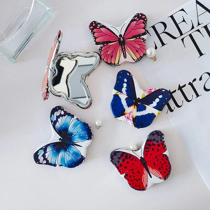 Compact Folding Butterfly Makeup Mirror with Premium PU Leather, Glass, and Zinc Alloy Construction