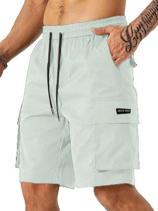 Drawstring waist men's workwear shorts with multiple pockets in various colors