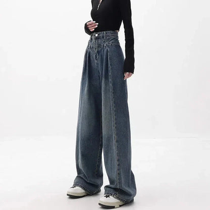 Fashionable wide-leg blue denim jeans with a relaxed, comfortable fit and high-waisted design