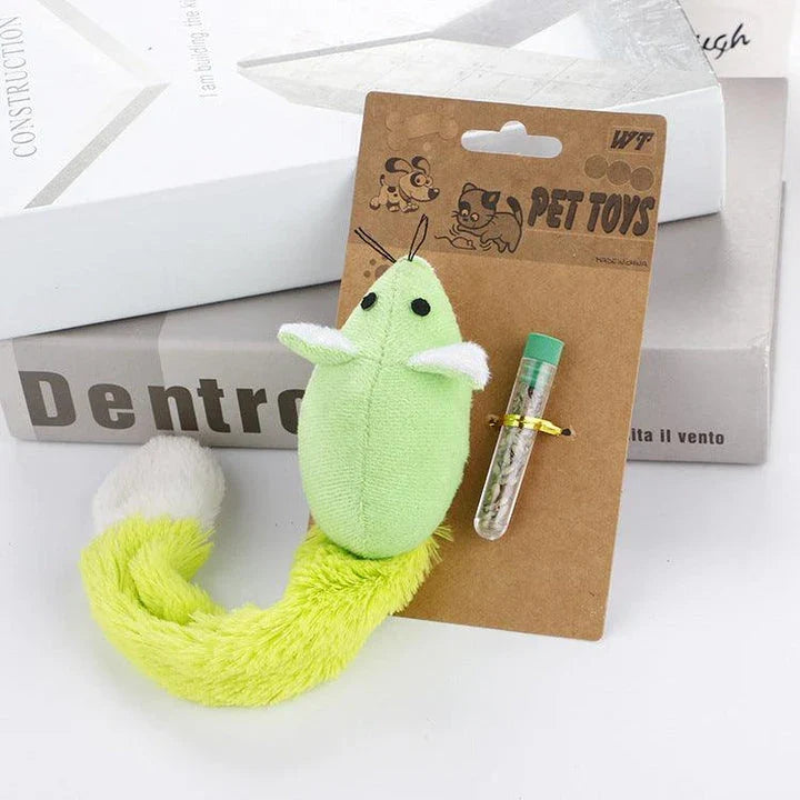 An orange long-tailed mouse-shaped teaser toy for cats, designed to captivate their attention and trigger natural hunting behaviors.