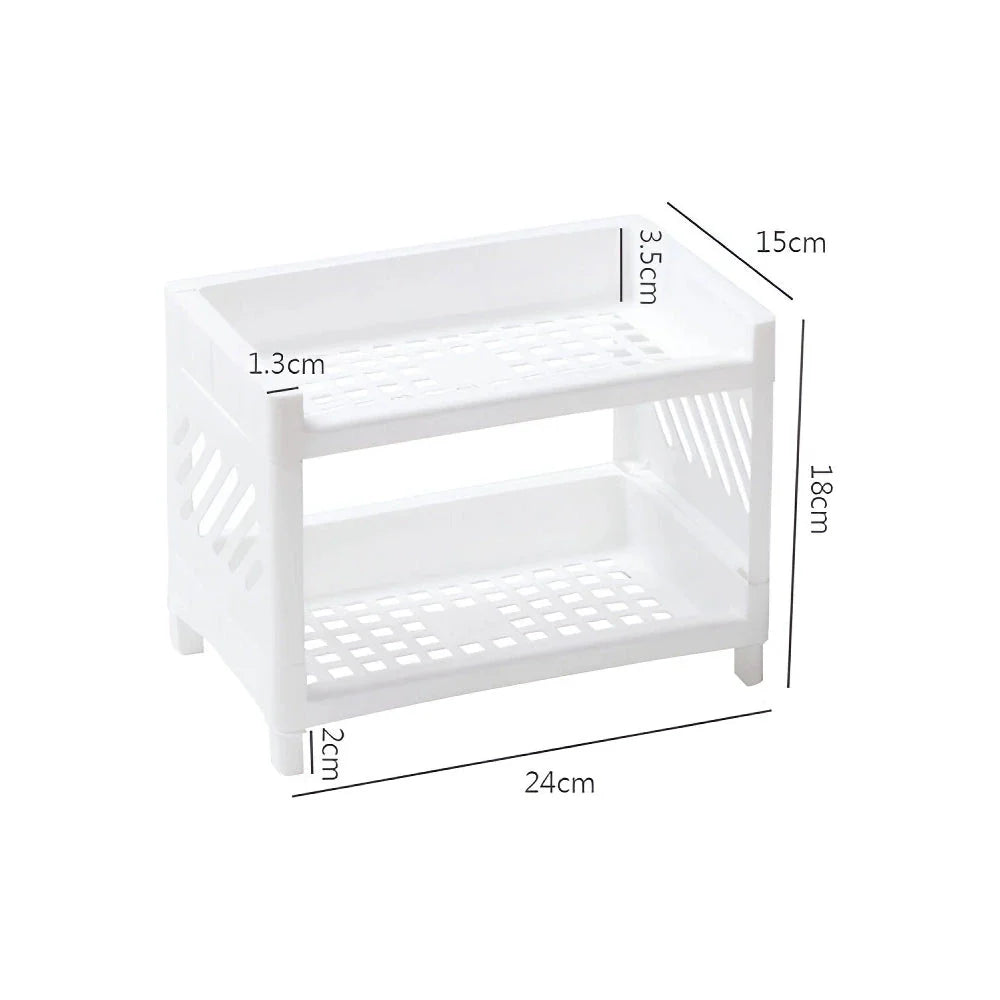 Sleek white desktop organizer with two-tier storage compartments for keeping office supplies, cosmetics, and other essentials neatly organized on a desk or countertop