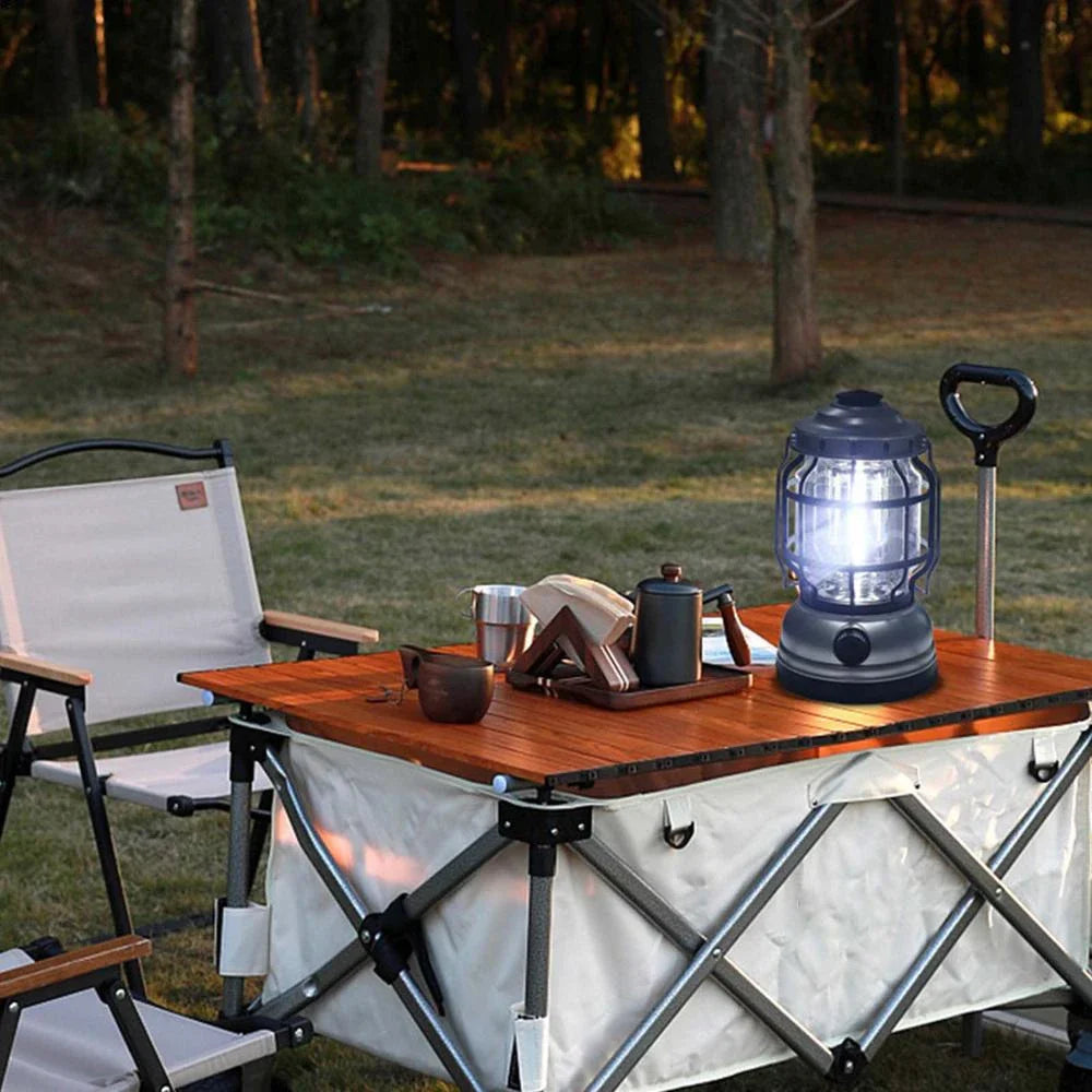 Bright and waterproof LED camping lantern with adjustable brightness and USB recharging capabilities