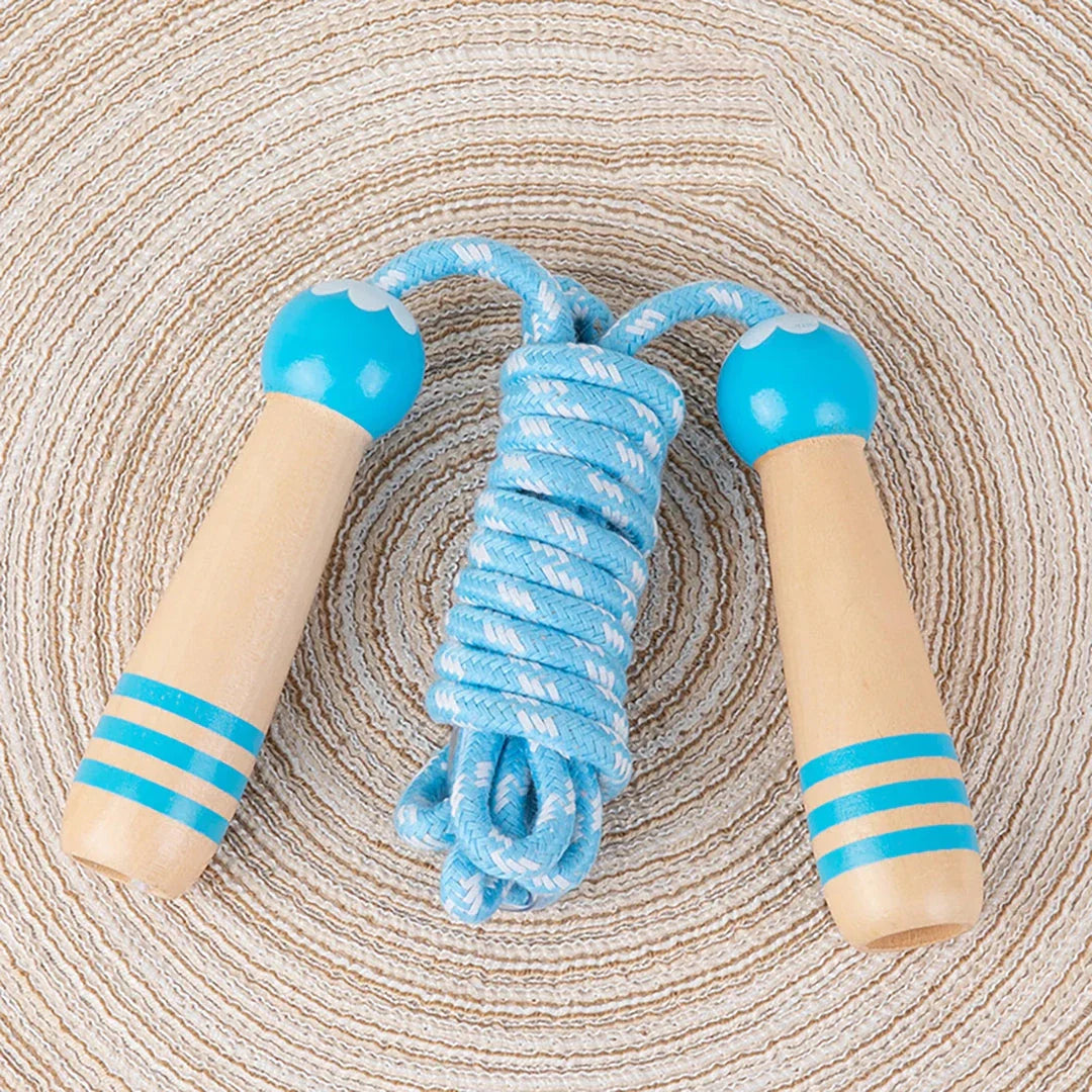 Adjustable Wooden Skipping Rope with Cartoon Characters for Kids in Blue, Green, and Pink Colors