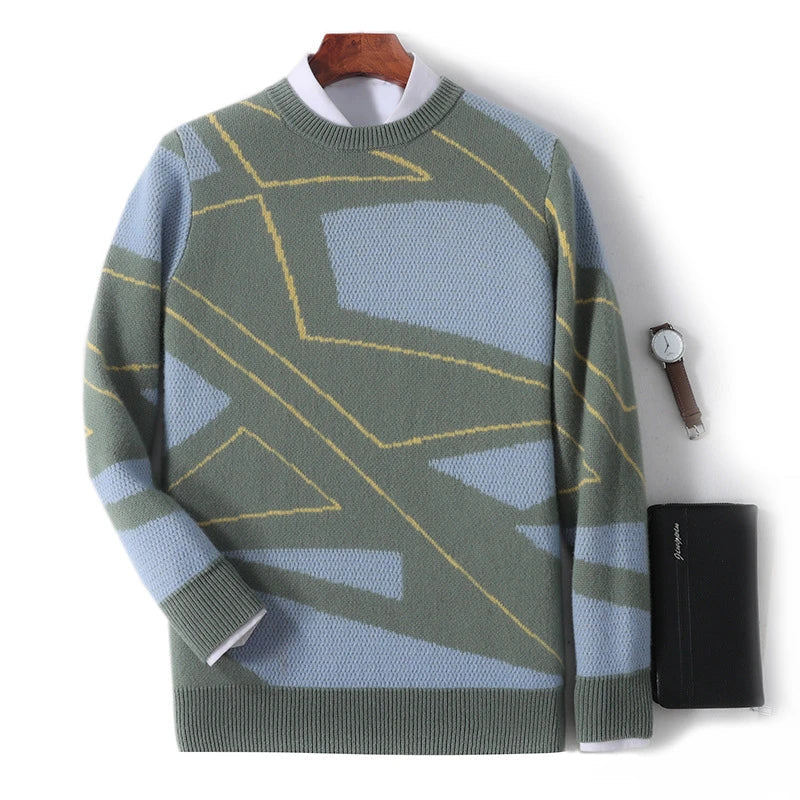 A cozy, plaid pullover sweater in gray, lake blue, purple velvet camel, and olive green colors, featuring a relaxed fit and premium wool construction for warmth and comfort.