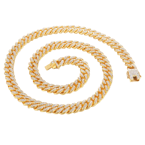 Elegant gold-colored Cuban chain necklace with rhinestone embellishments, perfect for everyday wear and style enhancement.