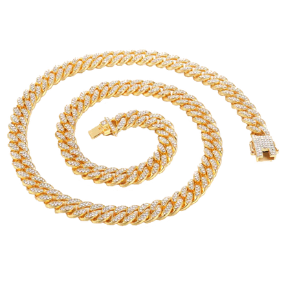 Elegant gold-colored Cuban chain necklace with rhinestone embellishments, perfect for everyday wear and style enhancement.
