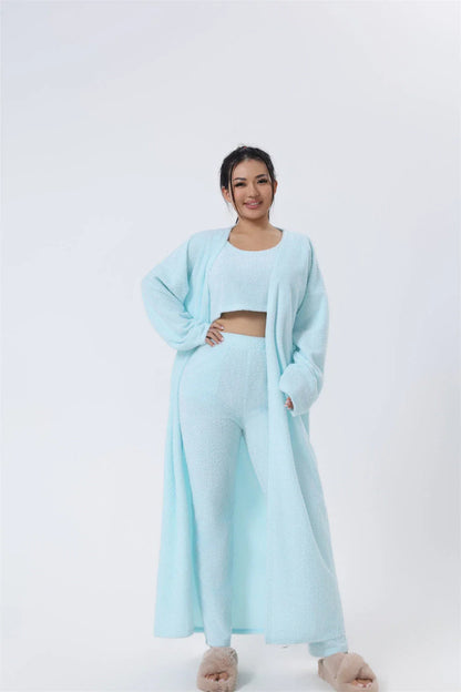Cozy 3-piece loungewear set in pastel colors including crop top, wide-leg pants, and matching cardigan
