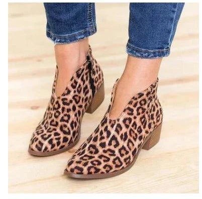 Stylish leopard print leather booties with square toe and tassel accent for fashionable women's footwear