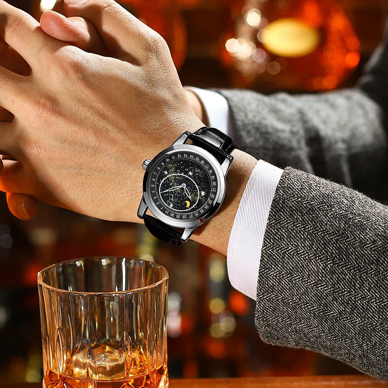 Gypsophila Men's Quartz Luminous Waterproof Fashion Business Watch with Blue Dial and Leather Strap